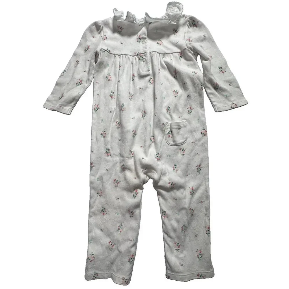 Janie and Jack Floral Romper 12-18 Months White Long Sleeve Bow Cotton Baby Girl